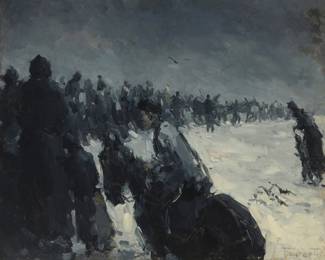 1092 Sergei Bongart (1918-1985) Frontlines of a battle scene Oil in grisaille on canvas With the incised signature in Cyrillic lower right: Bongart; signed again in Cyrillic, verso; inscribed "119" in ink on the stretcher 25" H x 31" W Estimate: $600 - $800