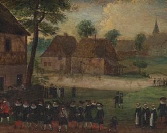 1365 Attributed to Jacob Weikel Griebe (Circa 16th Century) A procession in a riverside village Oil on panel Inscribed and dated in black ink verso: "Jacob Weikel Griebe / Anno. 15[*]7." and numbered in blue verso: "6655" 3.375" H x 8.25" W Estimate: $2,000 - $3,000