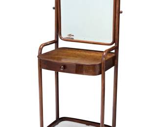 1112 A Josef Hoffmann for J. & J. Kohn bent beechwood dressing table Model 1134 Designed circa 1906 by Josef Hoffmann (18701956) With applied factory paper label: JACOB & JOSEF KOHN, WIEN. With articulated beveled mirror above a single drawer 53" H x 25.5" W x 18.5" D Estimate: $300 - $500