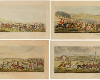 1179 After Henry Thomas Alken (1785-1851) "The Leicestershire Covers," by Thomas Sutherland, 1824 The complete set of four aquatints and engraving with hand-coloring on paper Each from the edition of unknown size Each unsigned, as issued. With the names of the artist, Henry Thomas Alken; the engraver, Thomas Sutherland; and the publisher, S. and J. Fuller, London, England, all engraved in the blank below each image. The title of each individual scene and various notable landmarks in their backgrounds are also engraved in the blank below each image. The title of the entire set and the individual plate numbers are engraved in the blank above each image. Plate of each: 11.25" H x 29.5" W; Sight of each: 12.25" H x 30.5" W Estimate: $400 - $600