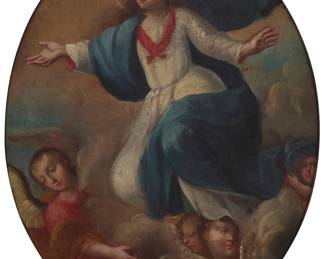 1291 18th/19th Century Continental School Assumption of the Virgin Oil on canvas laid to board Appears unsigned 20" H x 15.75" W (oval) Estimate: $500 - $700