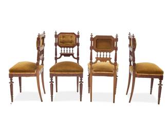 1350 A set of four French parlor chairs Mid-19th century Each flat surface of supports with burlwood veneer, the backs with turned spindles and tufted velvet upholstery above a matching upholstered seat cushion 4 pieces Each: 35" H x 17.5" W x 17.5" D Estimate: $500 - $700