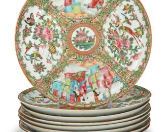 1021 A set of eight Chinese Rose Medallion porcelain plates Early 20th century Each depicting courtly figures and birds with flowers within alternating friezes 8 pieces Each: 9.875" Dia. Estimate: $200 - $300
