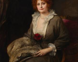 1058 Friedrich August von Kaulbach (1850-1920) "Society Beauty," 1914 Oil on canvas laid to canvas Signed and dated upper right: F. Av Kaulbach / 1914; titled on a label affixed to the stretcher 50" H x 40" W Estimate: $1,000 - $2,000