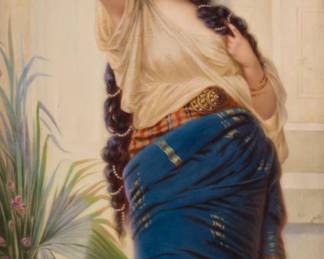 1217 A KPM painted porcelain portrait plaque Late 19th century After the etching "A Princess of Cypress" (1889) by Nathaniel Sichel (1843-1907) Impressed verso: [scepter] KPM / Sz; incised: S330-200; titled: "Hamateliva." n N. Sichel; with pseudo blue painted beehive; signed recto: F. Wagner. Wien. Depicting a maiden among palms posing in front of a column, set in a giltwood frame Sight: 12.5" H x 7.375" W Estimate: $800 - $1,200