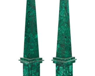 1084 A pair of malachite veneered obelisks Late 20th century 2 pieces Each: 29.625" H x 6.625" W x 6.625" D Estimate: $1,500 - $2,500