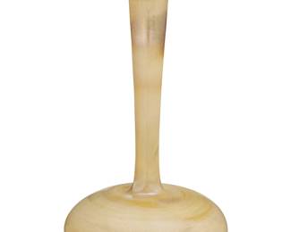 1248 A Roman style glass bud vase 20th century Unmarked The slim tapering long neck above a pillow base, with iridescent and weathered finish 7.625" H x 4.25" Dia. Estimate: $300 - $500