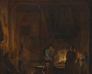 1362 Gerrit Lundens (1622-1683) Blacksmith shop interior Oil on canvas laid to canvas Unsigned 31" H x 26.5" W Estimate: $4,000 - $6,000