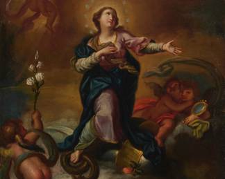 1292 In the manner of Giovanni Battista Gaulli (1639-1709) The Immaculate Conception Oil on canvas laid to canvas Bears inscription in paint on the verso of the backing canvas: "B / Giovanni Battista Gauli [sic]. IL BACICCIO / 1639 - 1709" and with small fragments of an old label 24.25" H x 19.5" W Estimate: $400 - $600