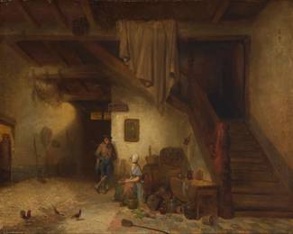 1363 Norbert Joseph Horgnies (1810-1876) Figures in an interior with chickens, Antwerp, 1840 Oil on canvas laid to canvas Signed lower right: N. Horgnies; dated and inscribed "Antwerp 1840," in pencil, possibly in another hand, on the stretcher 14.5" H x 18.5" W Estimate: $600 - $800