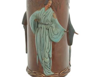 1113 Romain (Erté) de Tirtoff (1892-1990) "Fantasy" vase, 1985 Patinated and cold-painted bronze Edition: 209/275 Signed in the casting near base: Erté; impressed date, edition, and foundry mark: © CON-KER / [conjoined] JM 14" H x 7.75" W x 7" D Estimate: $800 - $1,200