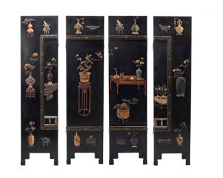 1153 A Chinese hardstone mounted four panel 'One Hundred Antiques' screen 20th century Each black lacquered panel mounted with carved wood and hardstone elements, some dyed, depicting antiques, household items, and floral motifs, with inset abalone and gilt-painted accents Each panel: 72.25" H x 18.5" W x 2" D Estimate: $1,500 - $2,000
