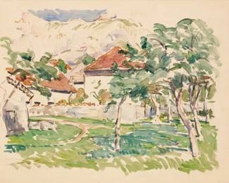 1205 Paul Rivoire (1902-1984) "Triminis - Le Serre et Grand Ferrand" (Village near Triminis, The Greenhouse and Grand Ferrand) Watercolor on paper Signed and titled lower left: Paul Rivoire Sight: 18" H x 24.5" W Estimate: $800 - $1,200
