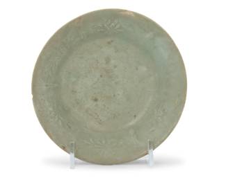 1037 A Korean celadon ceramic dish Goryeo Period (918-1392) or style Molded with floral motifs at interior border 1.5" H x 5.375" Dia. Estimate: $600 - $800