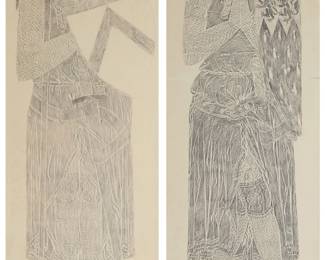 1294 Two rubbings of burial plaques "Sir John d'Abernon, 1277" (Stoke d'Abernon, Surrey), 1965 Rubbing on paper Appears unsigned; titled on a typed label affixed to the glass lower right; titled again and dated on a label affixed to the frame's backing board Image: 76.75" H x 23.5" W; Sight: 83" H x 26.25" W  "Robert de Bures, 1302" (Acton, Suffolk), 1965 Rubbing on paper Appears unsigned; titled on a typed label affixed to the glass lower left; dated by repute Image: 78.5" H x 20.25" W; Sight: 83" H x 26.25" W Estimate: $600 - $900