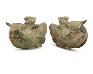 1005 A pair of Chinese carved hardstone ducks Qing Dynasty (1644-1912) or style Each with a baby duck-form lid 2 pieces Each: 5.25" H x 7" W x 3.375" D Estimate: $1,200 - $1,800