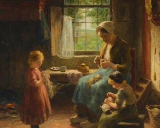 1260 Evert Pieters (1856-1932) "Mother and Daughters Making Yarn," 1916 Oil on canvas Signed and dated lower left: E. Pieters / 1916; titled on a typed label affixed to the frame's verso 30" H x 25" W Estimate: $1,000 - $2,000