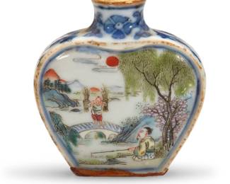 1148 A Chinese enameled and underglaze porcelain snuff bottle 18th/19th century or later With blue underglaze reign mark for Qianlong Period (1736-1795) Each side depicting figural scenes between blue on white floral motifs 2.125" H x 1.875" W x 0.75" D Estimate: $200 - $300