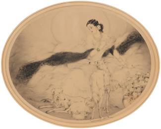1119 Louis Icart (1888-1950) "Lady of the Camelias (La Dame aux Camelias)," 1927 Drypoint, etching, and aquatint in colors with touches of hand coloring on wove paper From the edition of unknown size Signed in pencil, and with the artist's windmill blindstamp along the lower platemark: Louis Icart; inscribed "A/172" in pencil, presumably in another hand, along the lower platemark, next to the blindstamp; Les Graveurs Modernes, Paris, France, pub. and with their copyright and date printed in the plate at the upper left Plate: 16.75" H x 21" W; Sheet: 19" H x 23.75" W Estimate: $1,000 - $1,500