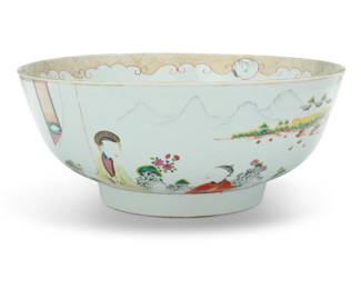 1048 A large Chinese Export enameled porcelain bowl 18th/19th century or later Depicting figural scenes and floral motifs 6.75" H x 16.25" Dia. Estimate: $800 - $1,200