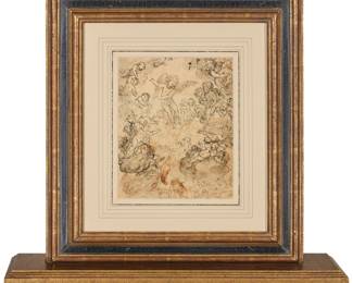 295 A 17th/18th Century black ink study of Putti; Figure studies in brown ink (double-sided) Ink with traces of red pigment on a double-sided sheet of laid paper with a bird watermark Unsigned Sight: 10.375" H x 8.375" W Estimate: $300 - $500