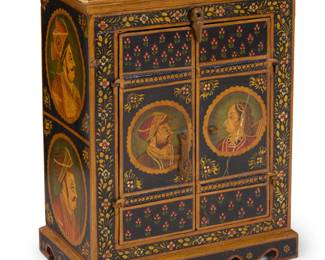 1161 A Mughal Indo Persian polychrome wood cabinet Early 19th Century With two cabinet doors opening to reveal a single shelf, the front, sides, and top with hand painted portraits within a floral border 28" H x 22" W x 14.5" D Estimate: $1,000 - $2,000