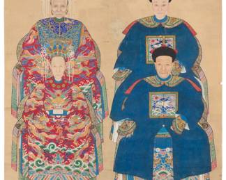 1040 A 19th century Chinese group ancestor portrait Pigment and gold on paper laid to fabric Unsigned Sheet: 50.25" H x 36.5" W Estimate: $1,200 - $1,800