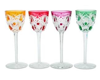 1316 A set of eleven Baccarat glass 'Lagny' rhine wine glasses Late 20th century Each with etched factory mark Each with tinted cut to clear designs 11 pieces Each 7.75" H Estimate: $700 - $1,000