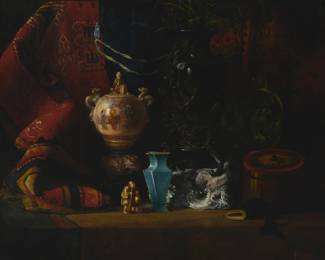 1345 Francis Scott King (1850-1913) An exotic still life of Asian items on a table, 1888 Oil on canvas laid to canvas Signed and dated lower right: F.S. King / 1888 20" H x 24" W Estimate: $1,000 - $1,500