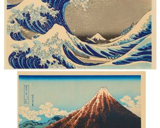 1095 Katsushika Hokusai (1760-1849) Two works:  "Under the Wave off Kanagawa," from the series "Thirty-six Views of Mount Fuji," circa 1830-32 Woodcut in colors on paper From the edition of unknown size and date With the blue ink signature and various other Japanese characters in the upper left image Image: 10.25" H x 15" W; Sheet: 10.625" H x 15.75" W  "Rainstorm Beneath the Summit," from the series "Thirty-Six Views of Mount Fuji," 1838 Woodcut in colors on paper From the edition of unknown size and date With the blue ink signature and other various Japanese characters in the upper left image Image: 8.875" H x 12.5" W; Sheet: 9.375" H x 13.125" W Estimate: $200 - $300