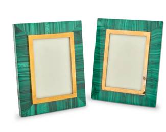 1309 A pair of malachite frames Late 20th/early 21st century Each with applied label: MADE IN ITALY Each with easel back 2 pieces Each sight: 4.375" H x 2.875" W; Each overall: 6.875" H x 5.375" W x 1" D Estimate: $800 - $1,200