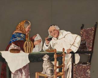 1255 An Italian pietra dura plaque Early 20th century Possibly signed verso: W D Gregory Depicting a cleric and a woman reading the newspaper, seated at a table, with a grey tabby cat looking on Plaque: 14.625" H x 17.625" W Estimate: $3,000 - $5,000