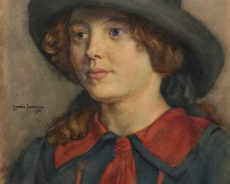 1061 Louis Soonius (1883-1956) Portrait of young lady in a hat adorned with berries, 1915; and Sketch of a lady in profile (double-sided) Watercolor on paper; and Pencil and watercolor on paper Signed and dated to the left of center, recto: Louis Soonius / 1915 Sight: 17" H x 12" W Estimate: $700 - $900