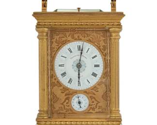1050 A French gilt bronze and enamel carriage clock Retailed by Theodore B. Starr, New York, late 19th century Dial marked: THEODORE B. STARR; movement impressed: 1563 The white enamel dial with Roman hours, above subsidiary alarm dial, contained within an architectural case, the sides inset with Limoges enamel panels decorated with figures With handle: 7.875" H x 4.5" W x 4" D Estimate: $600 - $800