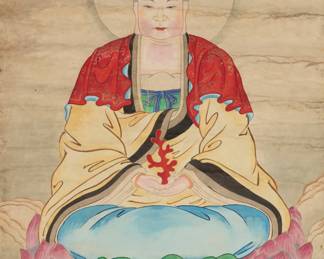 1043 19th/20th century Chinese School A seated Buddha Pigment and gold on layered paper Unsigned Image/Sheet: 54.5" H x 31.25" W Estimate: $1,000 - $1,500