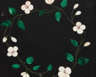 1257 An Italian pietra dura plaque Early 20th century Depicting a floral wreath Plaque: 5.75" H x 3.875" W Estimate: $700 - $900
