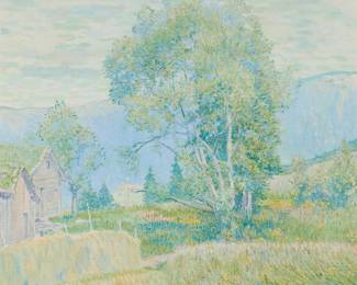 1202 Jacob Dooijewaard (1876-1969) "Silvenwilgen, Olden, Norwegen" (Silver Willows, Olden, Norway), 1923 Oil on canvas Signed lower right: J. Dooijewaard; titled in pencil on the stretcher: "Silver Willows (Norwegian)" and titled and dated in Norwegian on a label affixed to the stretcher 34.25" H x 32" W Estimate: $600 - $800