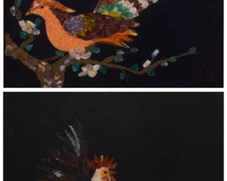 1098 Two Japanese polished stone mosaics of birds Mid/late 20th century One signed lower right Comprising one depicting a rooster and hen, the other a pheasant on a tree branch 2 pieces Each sight: 12" H x 15.5" W Estimate: $400 - $600