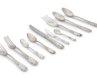 1234 A sterling silver partial flatware set Late 20th century Each marked: WALLACE © STERLING Comprising: 10 dinner knives (10") 10 dinner forks (8.125") 10 salad forks (7.125") 9 oval soup spoons (6.75") 8 teaspoons (5.75") 1 gravy ladle (6.75") 1 master butter knife (6") 1 serving spoon (9.75") 1 pierced serving spoon (9.875") 1 serving fork (9.75") 1 shell-form spoon (4.875") Together with the associated: 4 serving utensils (largest: 9.75") 4 small dishes (3.375" Dia.) 61 pieces Total weighable sterling: 90.7 oz. troy approximately Estimate: $1,500 - $2,000