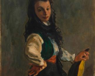 1064 Robert Philipp (1895-1981) "Spanish Girl" Oil on canvas Signed lower right: Philipp; signed again and titled verso; alternatively titled "Young Spanish Girl" in ink on three gallery labels affixed to the frame's verso and backing board 24" H x 20" W Estimate: $800 - $1,200