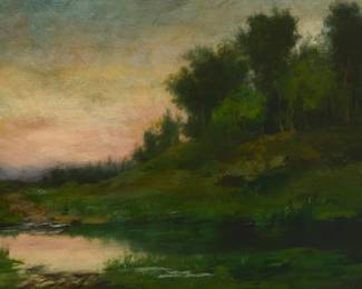 1174 Karl Daubigny (1846-1886) Bucolic river scene Oil on mitered panel Signed lower left: Daubigny 9.5" H x 20" W Estimate: $1,500 - $2,500