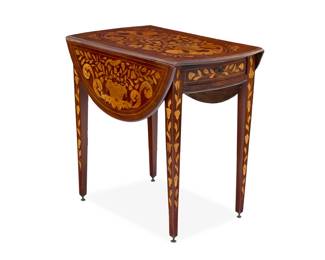 1373 A Dutch marquetry drop leaf table 19th century Depicting flowers issued from urns and baskets, raised on tapered legs Stored: 28.25" H x 30.25" W x 18.5" D; Open: 39.25" D Estimate: $500 - $700