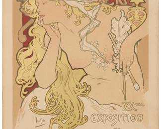 1120 Alphonse Mucha (1860-1939) "Salon des Cent," Plate 94 from "Maîtres de l'affiche" vol. 2, 1896 Lithograph in colors on smooth wove paper From the edition of unknown size Unsigned, as issued; with the artist's name, title, and date all printed as part of the image; Chaix, Paris, France, prntr.; Les Maîtres de l'affiche, Paris, France, pub., with their blindstamp in the lower right margin corner and their plate and publication information printed in the lower left margin corner Image: 11.5" H x 7.75" W; Sheet: 15.625" H x 11.375" W Estimate: $1,500 - $2,500