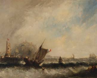 1093 Clarkson Stanfield (1793-1867) Harbor scene with a fortress, a French ship, and other vessels Oil on canvas laid to canvas Signed and indistinctly dated lower right: Clarkson Stanfield 18[**]; inscribed "3," and with the artist's name, all in another hand on the verso and on the stretcher 18" H x 32" W Estimate: $2,000 - $3,000