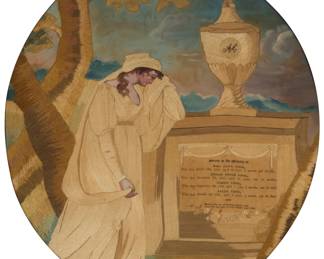 1335 A Regency silkwork embroidery mourning panel Early 19th century or later The panel of painted silk fabric and fine polychrome silk embroidery depicting a grieving woman at a memorial stone printed with names and dates of family, with monogram AC to urn, set in a landscape with trees and sky, framed under gilt black painted glass Visible textile: 19" H x 17.75" W Estimate: $400 - $600