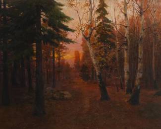 1170 Gevorg Bashinjaghian (1857-1925) Forest landscape, 1912 Oil on canvas laid to canvas Signed in Cyrillic and dated lower right: Bashinjaghian 1912 31.5" H x 45.5" W Estimate: $10,000 - $15,000