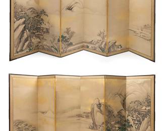 1097 A pair of Japanese six panel byobu screens 18th/19th century, Kano School, In the manner of Kano Sansetsu (1589-1651) Each bearing signature 'Sansetsu hitsu,' with one seal reading 'Jasokuen' Each ink, pigment, and gold flakes on rice paper, coming together to depict a winter landscape of a lakeside village and its villagers, overlooking another villa on the opposite shore 2 pieces Each panel: 66.75" H x 24.75" W x 0.75" D; Each stored: 4.375" D Estimate: $2,000 - $3,000