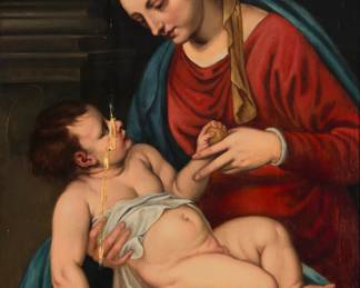 1293 In the manner of Peter Paul Rubens (1577-1640) Madonna and Child (Isabella Brant and Albert, wife and son of Rubens, as models), circa 1615 Oil on cradled wood panel Appears unsigned 31" H x 24.75" W Estimate: $1,500 - $2,500