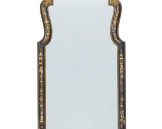 1376 A Queen Anne style lacquered pier mirror 20th century Black lacquered with gilt and polychrome painted floral and chinoiserie decoration 55" H x 25.25" W x 1.75" D Estimate: $300 - $400