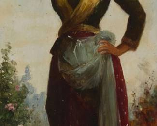 1261 Hans Zatzka (1859-1945) Woman carrying a basket of flowers Oil on panel Signed lower left: H. Zatzka; variously inscribed in pencil, presumably in another hand, all verso 11.75" H x 4.625" W Estimate: $1,000 - $1,500